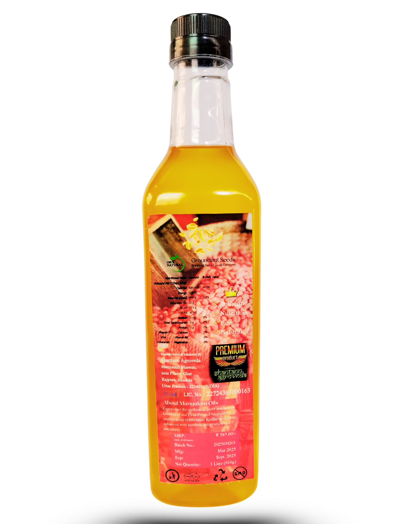 Mangalam Wood-Pressed Groundnut Oil (मूँगफली तेल) | Traditional काठ कोल्हू | Cooking Oil | 100% Pure & Natural | Extra Virgin | Chemical-Free | 1 litre